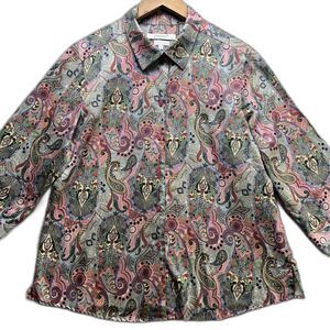 Foxcroft Shirt Womens 14P Multicolor Paisley Wrinkle Free Button Patchwork Indie